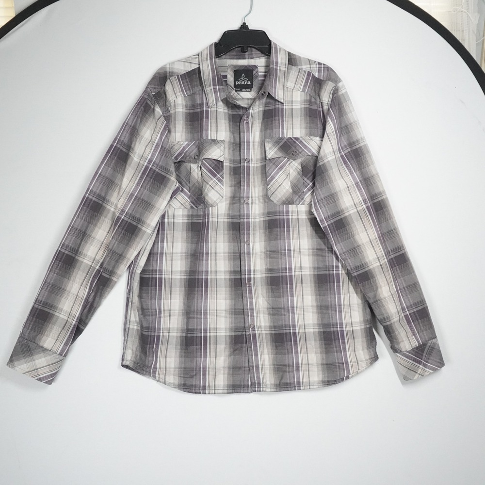 Prana Western Large Plaid Snap Front Long Sleeve Shirt Grey Purple Outdoor Gorp
